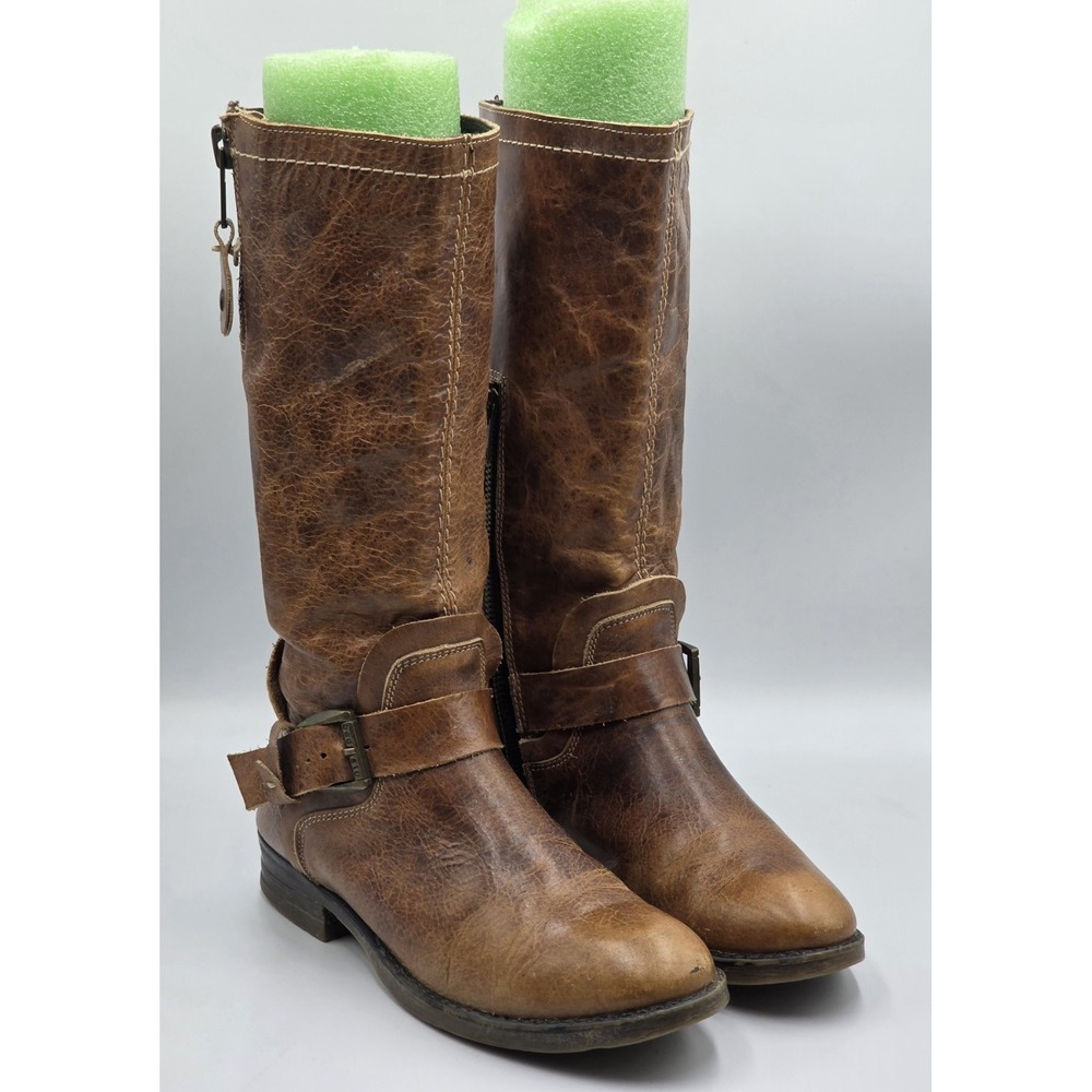 BED STU Distressed Brown Biker Boots Double Zip Leather Strap Harness WMS 7.5